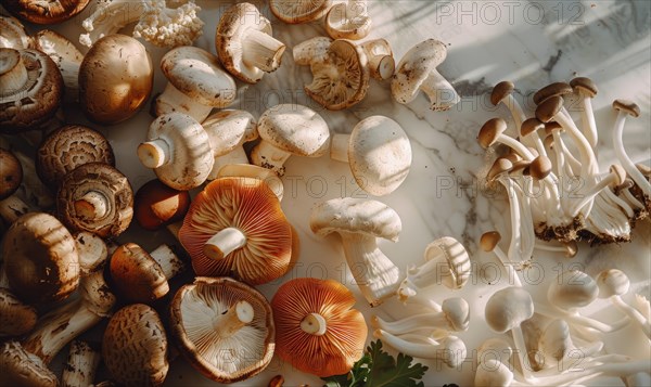 Mushrooms on white marble background. Top view, flat lay. AI generated