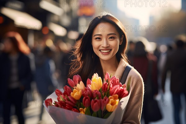 Young smiling Asian woman with large bouquet of tulip spring flowers in street. KI generiert, generiert AI generated