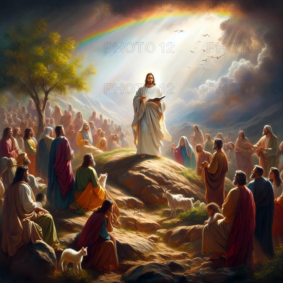 Jesus Christ proclaims the Sermon on the Mount, symbolic image myth, religion, saviour, Christianity, martyr, Jesus of Nazareth, New Testament, AI generated, AI generated