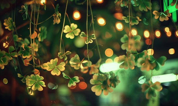 St. Patricks Day background with green clover leaves and bokeh. AI generated