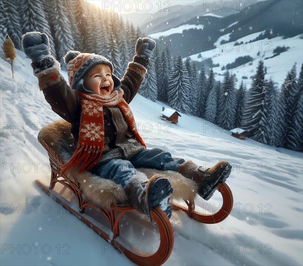 A little boy, about 5 years old, sits on a sledge, a toboggan, and cheers in a snowy landscape, AI generated, AI generated