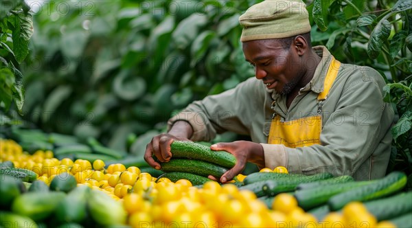 Man in a greenhouse inspecting fresh zucchini and yellow bell peppers, ai generated, AI generated