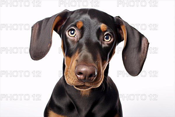 Portrait of DObermannd og with long floppy ears on white background. KI generiert, generiert AI generated