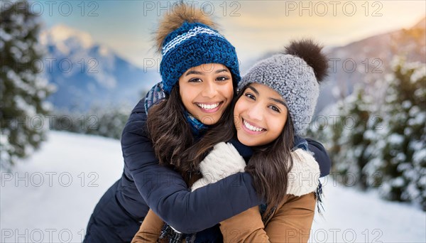 AI generated, human, humans, person, persons, woman, woman, girls, 20, 25, two people hugging, two friends, snow, laughing, smiling, outdoor, ice, winter, seasons, cap, bobble hat, gloves, winter jacket, cold, coldness, love, affection