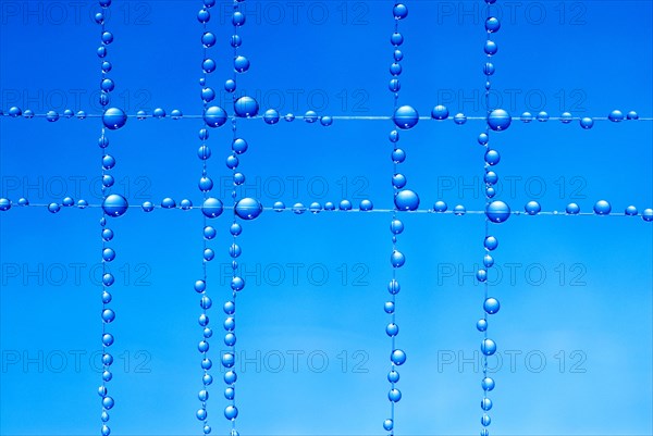 Small blue water droplets hang on fishing line