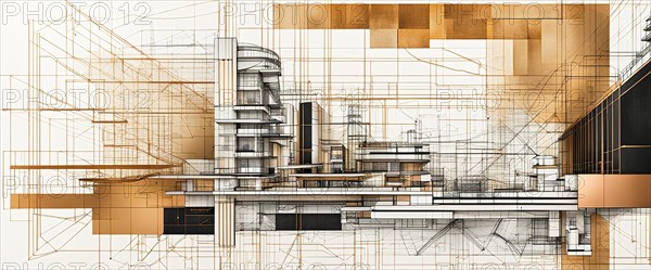 Sepia-toned palette architectural sketches overlaying a 3D building model with abstract lines, horizontal aspect ratio, off white background color, AI generated