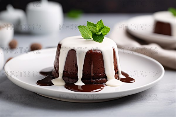Chocolate pudding with white vanilla and chocolate sauce. KI generiert, generiert AI generated