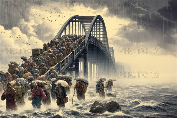 Stormy scene of migranting people with burdens crossing a bridge in a rainy storm in wavy water, while seabirds fly above, japan style ukiyo-e art, AI generated