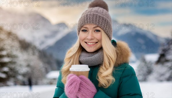 AI generated, human, humans, person, persons, woman, woman, 25, years, one person, outdoor, ice, snow, winter, seasons, drinks, drinking, hat, bobble hat, gloves, winter jacket, cold, cold, coffee, coffee mug, coffee to go