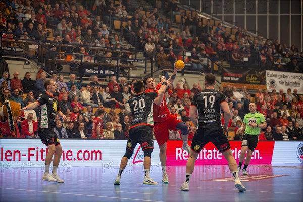 18.02.2024, 2nd HBL, German Handball League, matchday 21) : Game scene Eulen Ludwigshafen against TuS N-Luebbecke (final score 34:32) . Player on the ball: Jannek Klein (Eulen Ludwigshafen)