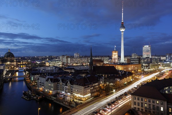 Television tower at Alexanderplatz, Red Town Hall and St Nicholas Church and Cathedral at the blue hour, 01/02/2018