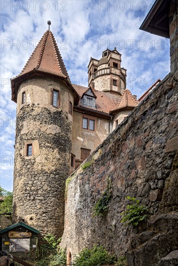 Turret of the 3rd gatehouse, bridge over the moat, moat, keep, Ronneburg Castle, medieval knight's castle, Ronneburg, Ronneburger Huegelland, Main-Kinzig-Kreis, Hesse, Germany, Europe
