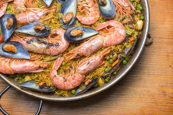 Seafood paella with prawns and shellfish, a feast for the senses, typical Spanish cuisine, Majorca, Balearic Islands, Spain, Europe