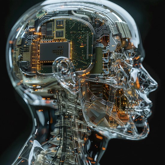 Medical a human head with brain and computer chip, symbol image KI in the human brain, ai generated, AI generated