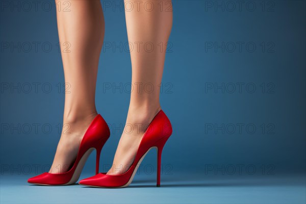 Legs and feet of woman with red high heel stiletto shoes on blue background. KI generiert, generiert AI generated