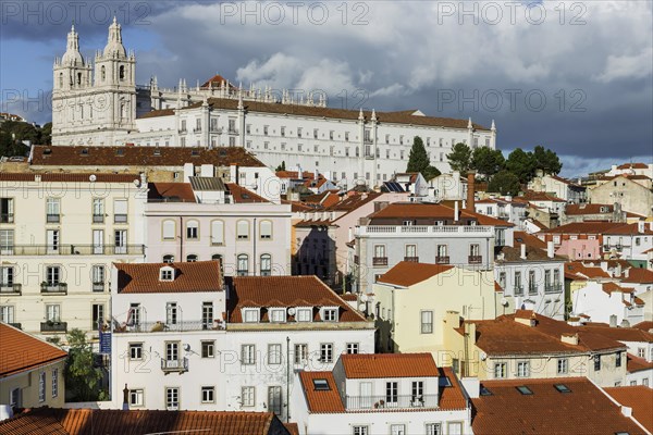 View of Alfama, city view, tourism, travel, city trip, urban, building, historic, old town, centre, overview, cathedral, church, attraction, famous, architecture, viewpoint, palm tree, summer holiday, capital, Lisbon, Portugal, Europe