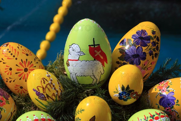 Detail of an Easter fountain in Franconian Switzerland, Bamberg district, Upper Franconia, Germany, many colourful blown-out and dyed eggs as decoration, Easter custom, Europe