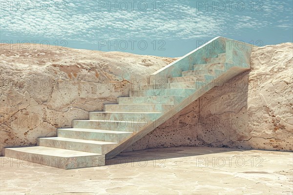 Warmly lit staircase ascending against a backdrop of desert rocks and blue sky, AI generated