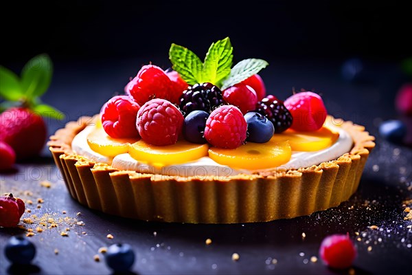 Colorful fruit tart featuring gluten free almond flour crust vegan pastry cream fresh berry toppin, AI generated