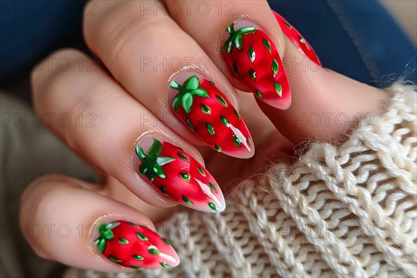 Woman's fingernails with cute red strawberry summer nail art design. KI generiert, generiert AI generated