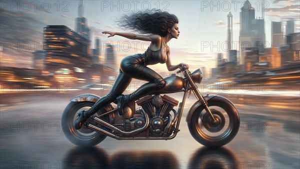 Artistic image of a woman on a motorcycle, cruising through a city with wind in her hair, AI generated