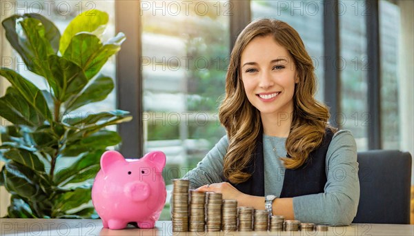 AI generated, A young woman, 20, 25, years, saves money and coins for the future, provision, nest egg, euro, coins, euro cent