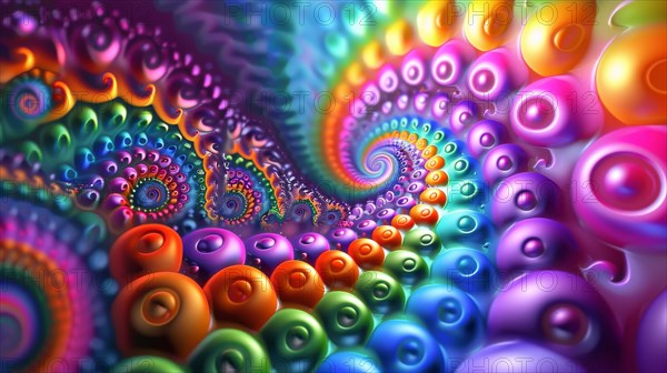 Psychedelic art piece with colorful vibrant fractal patterns forming a spiral design, ai generated, AI generated