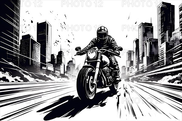 Fast biker in the city with skyscrapers, black and white line art, AI generated