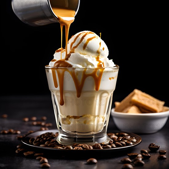 Vanilla gelato embraced by a cascade of hot espresso in a translucent dessert glass, AI generated