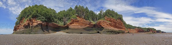 Panorama, wooded cliffs, red sandstone, Five Islands Provincial Park, Fundy Bay, Nova Scotia, Canada, North America