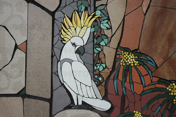 Wall mosaic with yellow-crested cockatoo by Isidora Paz Lopez 2019, one, white, yellow, bird figure, cockatoo, parrot, flower figures, handicrafts, tiles, tiles, Lopez, rock staircase, bird staircase, Pirmasens, Palatinate Forest, Rhineland-Palatinate, Germany, Europe