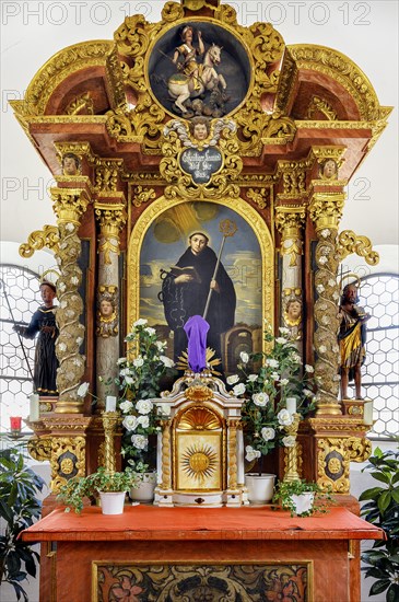 Altar with image of St Leonhard, St Leonhard's Filial Church, Boerwang, Allgaeu, Swabia, Bavaria, Germany, Europe