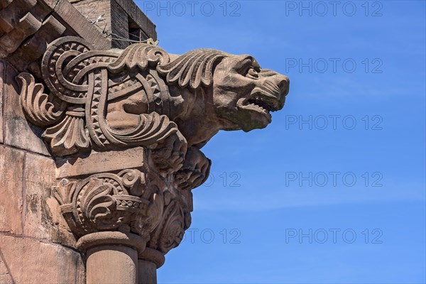 Gargoyle, demonic animal figure at the pavilion, historic Wilhelmine railway station, red sandstone, sculpture, neo-Romanesque and Art Nouveau, cultural monument, monument protection, Giessen, Giessen, Hesse, Germany, Europe