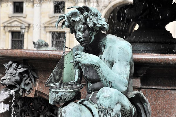 Close-up of a copper allegorical sculpture at a public fountain, Hamburg, Hanseatic City of Hamburg, Germany, Europe