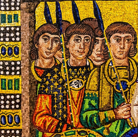 Parade of Justitian, mosaic copy, Basilica of San Vitale, Ravenna, 6th century, mosaic school producing mosaic masters, Spilimbergo, city of mosaic art, Friuli, Italy, Spilimbergo, Friuli, Italy, Europe
