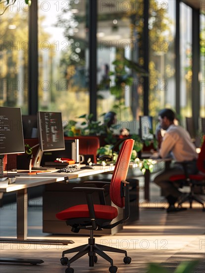 Modern office with red chairs and sleek computers, AI generated