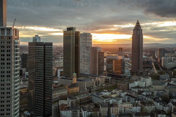 View of the skyline from a tower block in the evening. Fantastic view over a financial centre at sunset. City photo of Frankfurt am Main, Hesse Germany