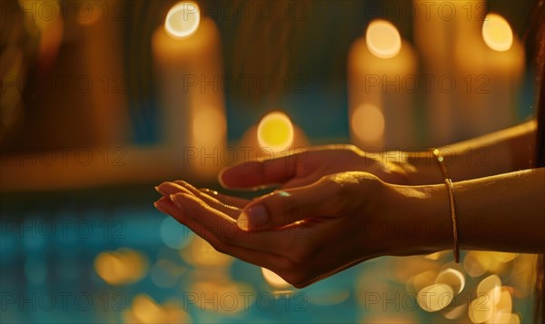 Hand outstretched against a backdrop of warm candlelight and bokeh, evoking a peaceful night ambiance AI generated