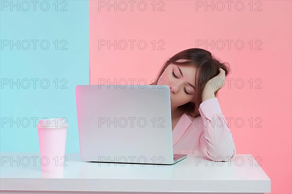 Tired woman falling asleep in front of computer at desk. Studio background. KI generiert, generiert, AI generated
