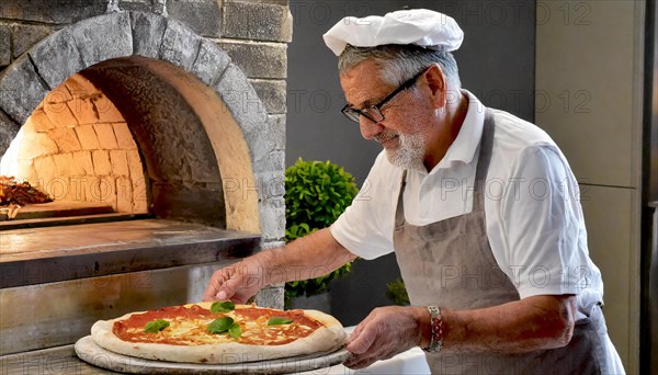 Pizza baker in Naples, Italy, preparing a pizza, in front of the pizza oven, AI generated, AI generated, Europe