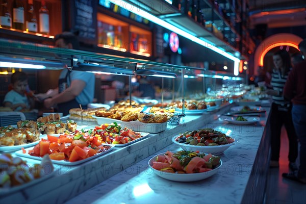 A bustling buffet with an array of dishes under blue lighting in a modern restaurant setting, AI generated