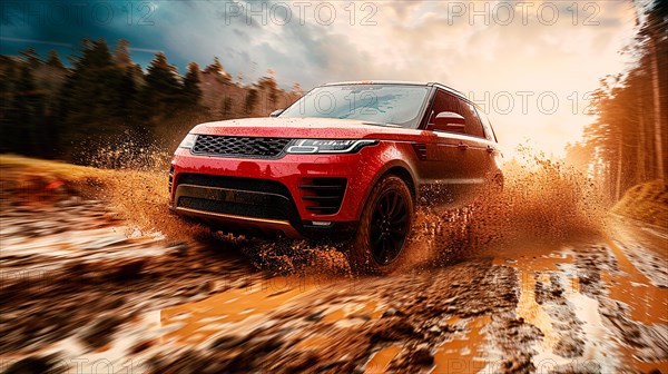 Rugged luxury sporty SUV in dynamic off-road action splashing mud, with forest backdrop, AI generated
