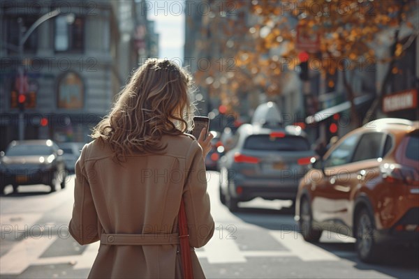Woman walking away on a sunny city street lined with autumn leaves, exuding a sense of style, AI generated