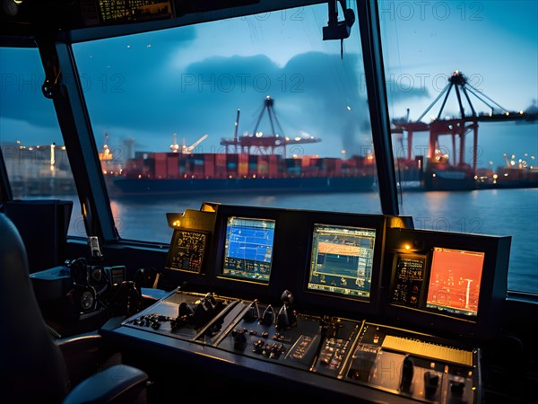 Crane operators cabin at a bustling seaport array of containers and ships, AI generated