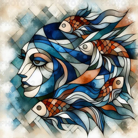 Serene abstract with a woman's face and fish in a geometric watercolor design, square aspect, AI generated