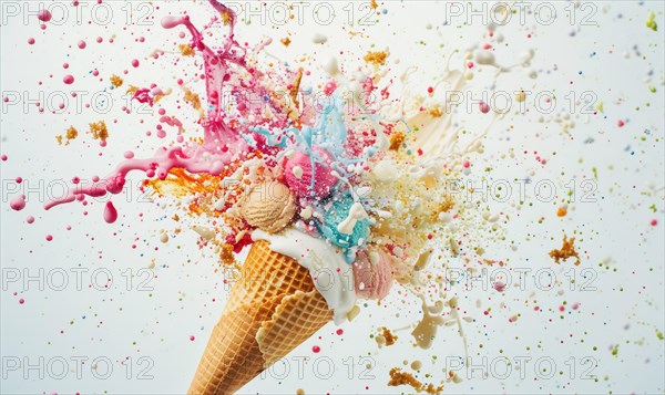 Ice cream cone explosion on white background AI generated