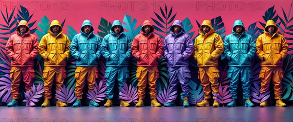 A group of men in colorful, patterned jackets lined up against a vibrant urban backdrop, hip hop style, AI generated