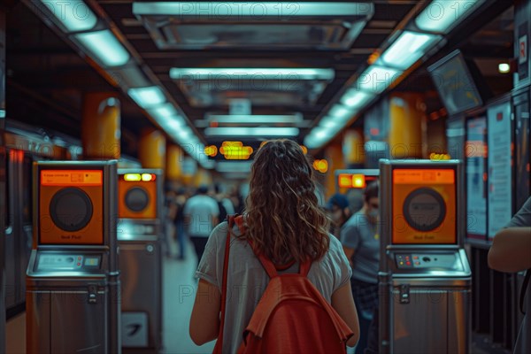 Commuter at a subway station turnstile with warm orange lighting, capturing city movement, AI generated