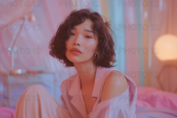 Serene woman in soft tones posing in a modern, dreamy bedroom setting, AI generated