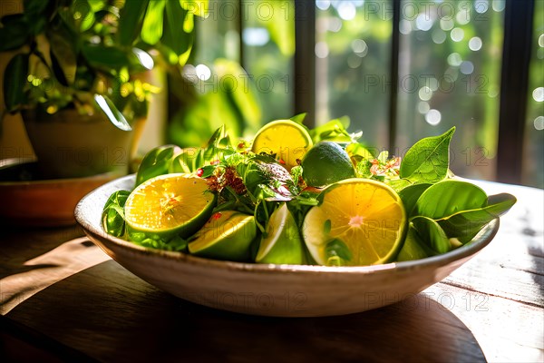Citrus and avocado salad placed gently on a rustic wooden table surrounded by lush indoor plants, AI generated